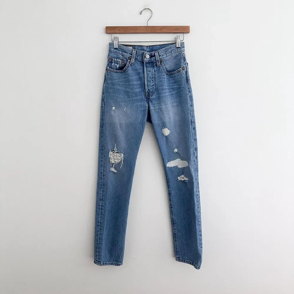 Levis 501 Original Fit Womens Jeans Size 24 Distressed Medium Wash Button Fly